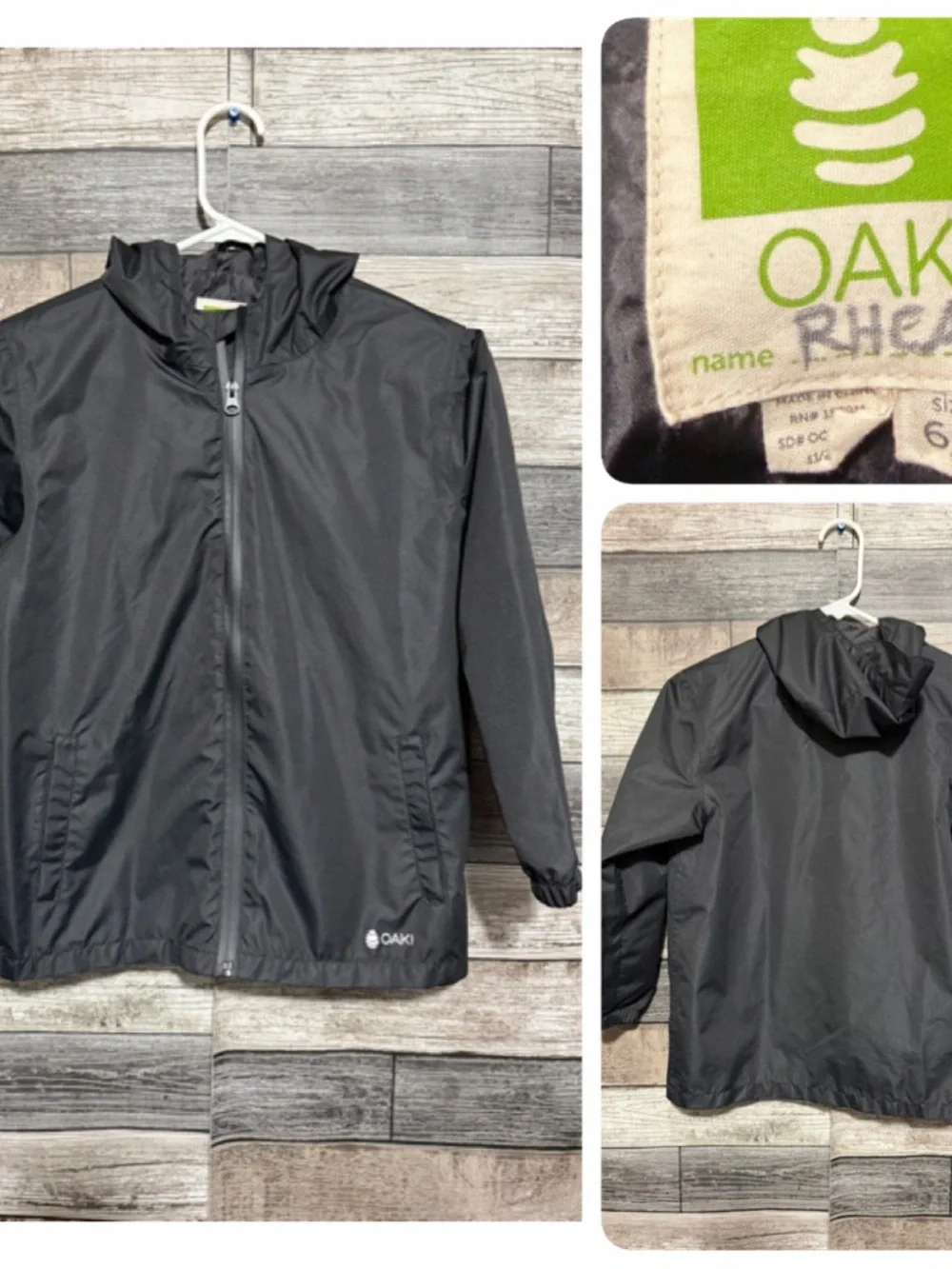 Oaki Windbreaker Jacket Boys Size 6/7 Black Full Zip Hooded
